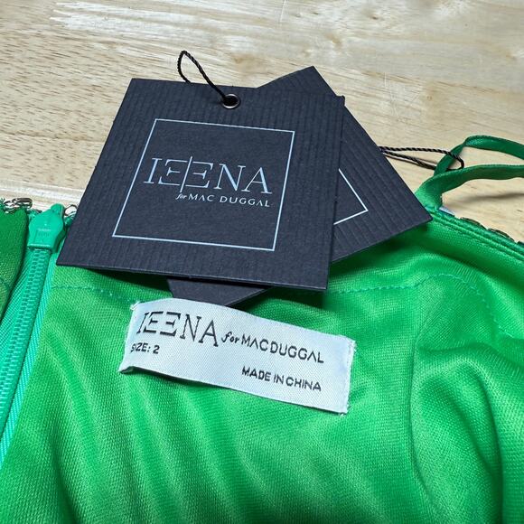 Mac Duggal NWT Spring Green Satin Ruched Rhinestone Bust Mermaid Maxi Gown Sz 2 - Picture 2 of 7